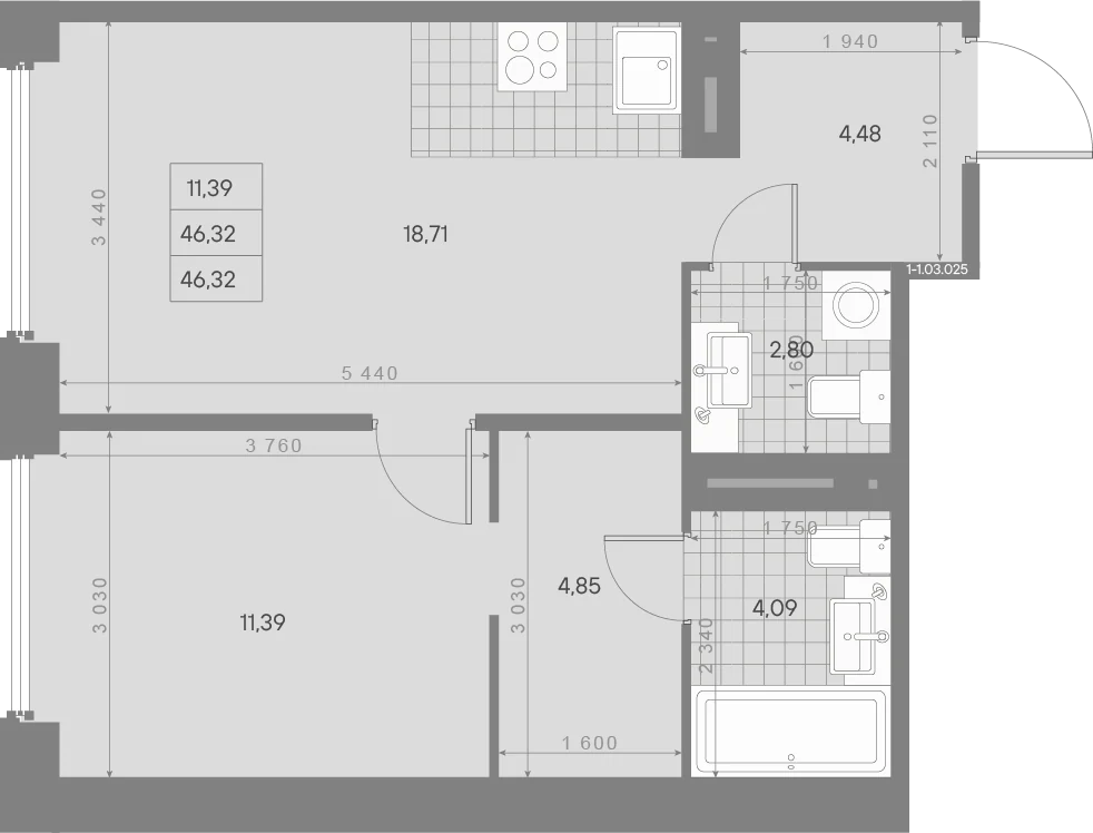 Планировка 1-комнатная 46,3 м² в ЖК «AVANT Классик» — AVANT Классик (Klassik)