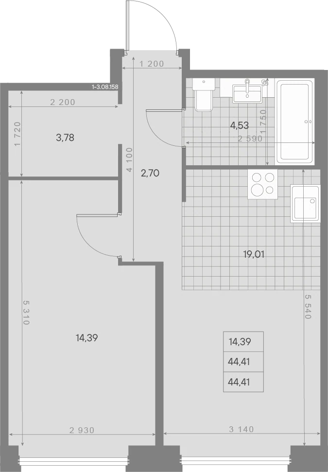 Планировка 1-комнатная 44,4 м² в ЖК «AVANT Классик» — AVANT Классик (Klassik)