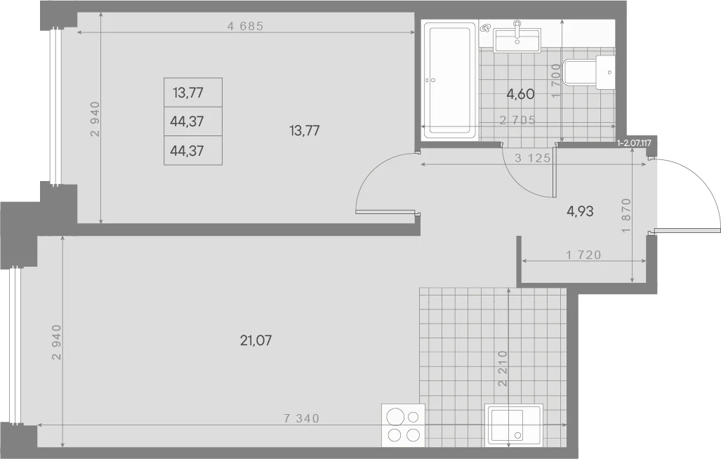 Планировка 1-комнатная 44,4 м² в ЖК «AVANT Классик» — AVANT Классик (Klassik)