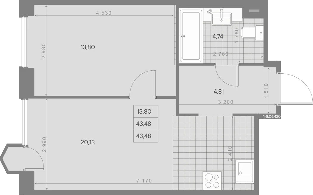 Планировка 1-комнатная 43,5 м² в ЖК «AVANT Классик» — AVANT Классик (Klassik)
