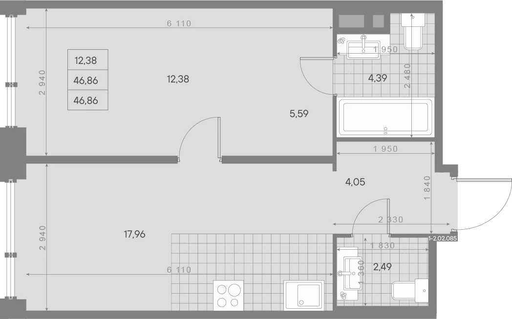 Планировка 1-комнатная 46,9 м² в ЖК «AVANT Классик» — AVANT Классик (Klassik)