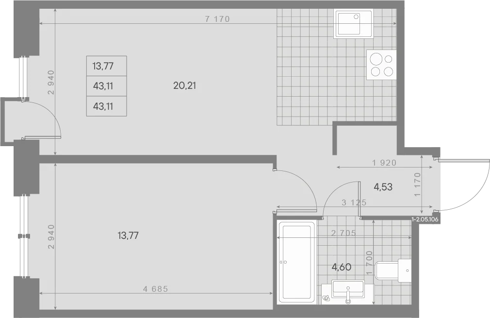 Планировка 1-комнатная 43,1 м² в ЖК «AVANT Классик» — AVANT Классик (Klassik)