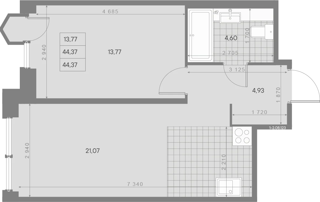 Планировка 1-комнатная 44,4 м² в ЖК «AVANT Классик» — AVANT Классик (Klassik)