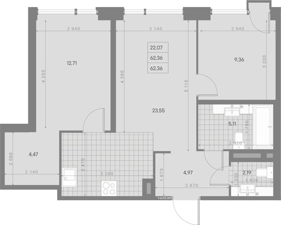 Планировка 2-комнатная 62,4 м² в ЖК «AVANT Классик» — AVANT Классик (Klassik)