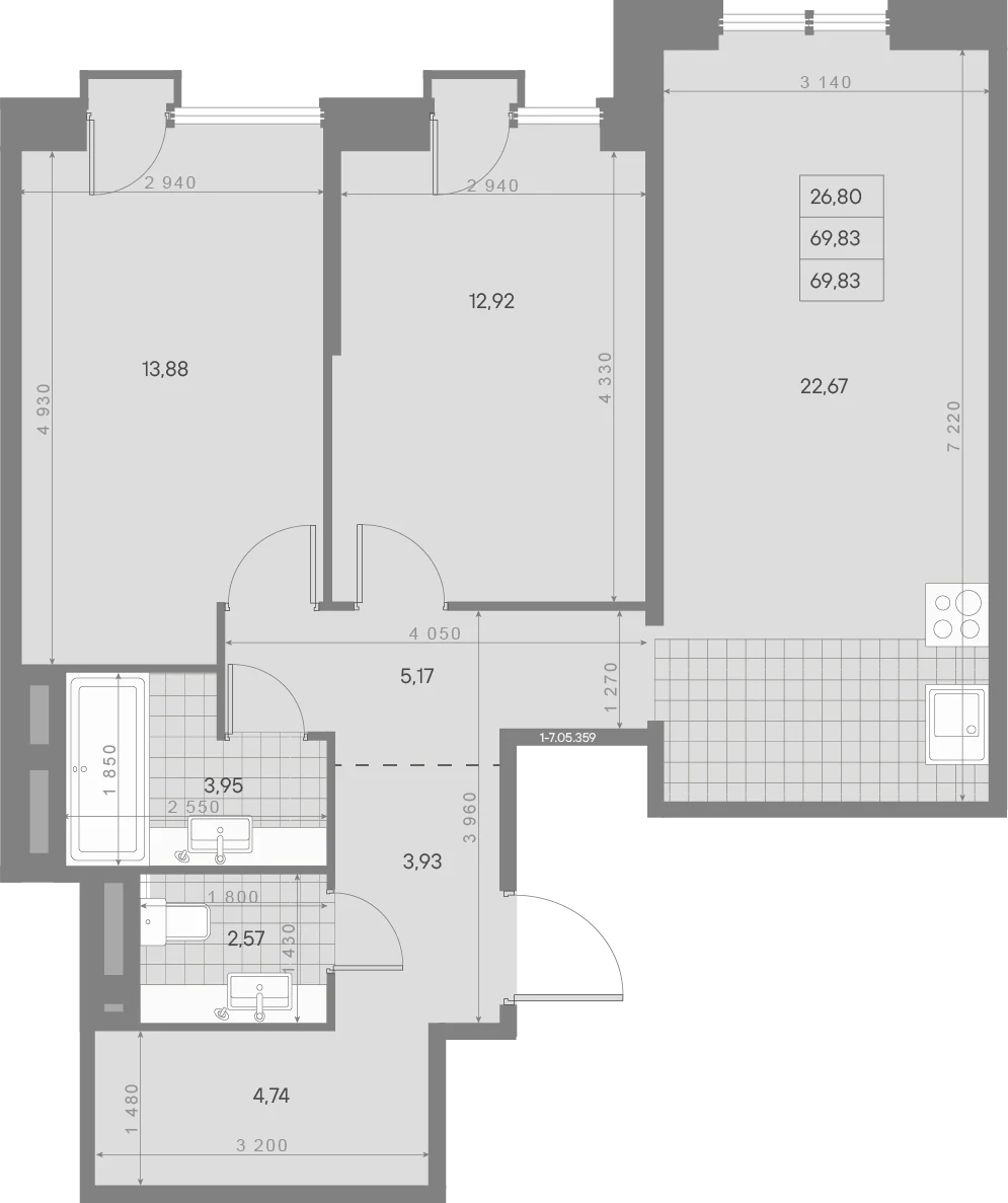 Планировка 2-комнатная 69,8 м² в ЖК «AVANT Классик» — AVANT Классик (Klassik)