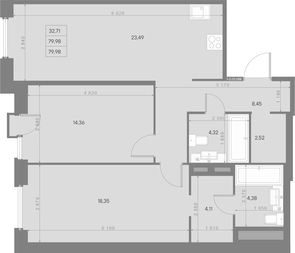 Планировка 2-комнатная 80 м² в ЖК «AVANT Классик» — AVANT Классик (Klassik)
