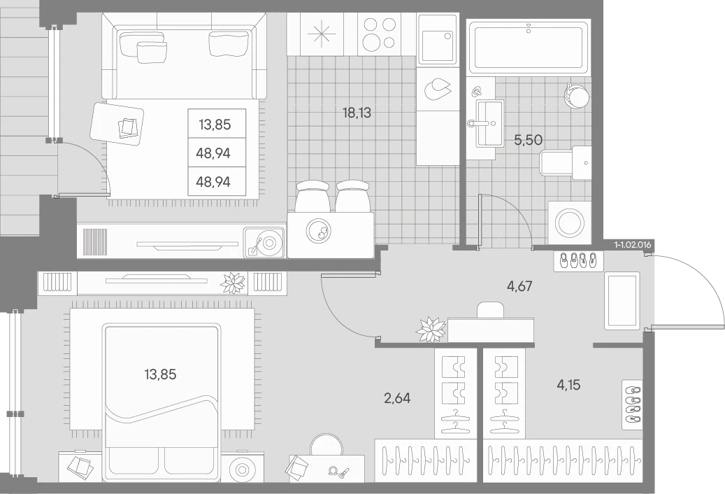 Планировка 1-комнатная 48,9 м² в ЖК «AVANT Классик» — AVANT Классик (Klassik)