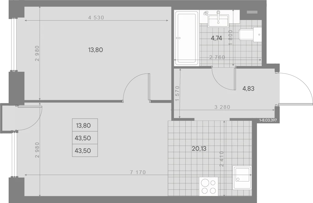 Планировка 1-комнатная 43,5 м² в ЖК «AVANT Классик» — AVANT Классик (Klassik)