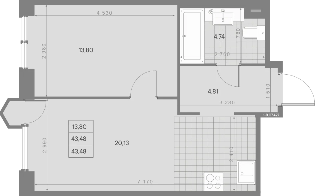 Планировка 1-комнатная 43,5 м² в ЖК «AVANT Классик» — AVANT Классик (Klassik)