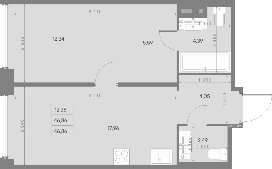Планировка 1-комнатная 46,9 м² в ЖК «AVANT Классик» — AVANT Классик (Klassik)
