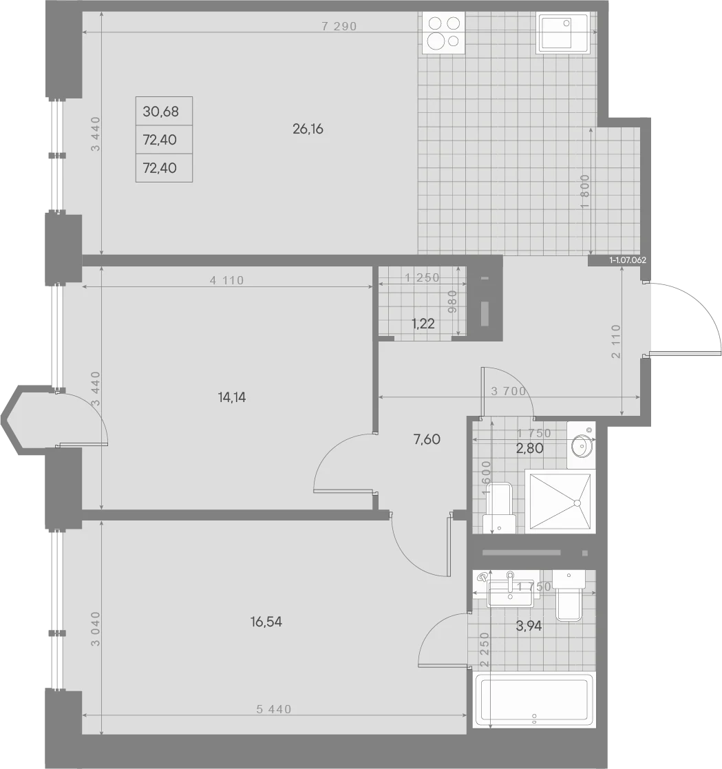 Планировка 2-комнатная 72,4 м² в ЖК «AVANT Классик» — AVANT Классик (Klassik)