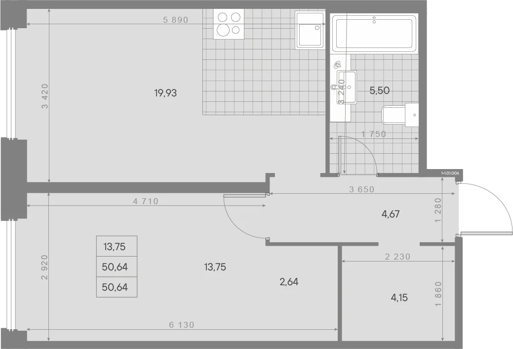 Планировка 1-комнатная 50,6 м² в ЖК «AVANT Классик» — AVANT Классик (Klassik)